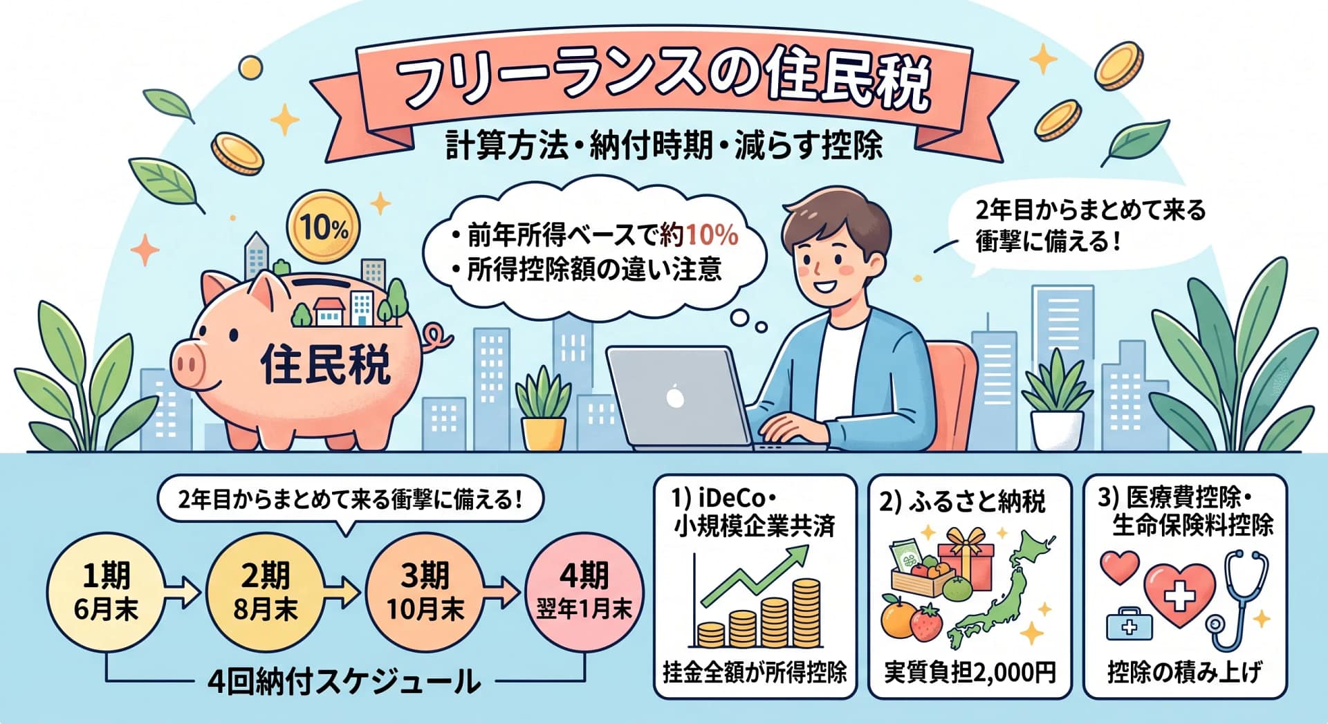 フリーランスの住民税｜計算方法・納付時期・減らすための3つの控除