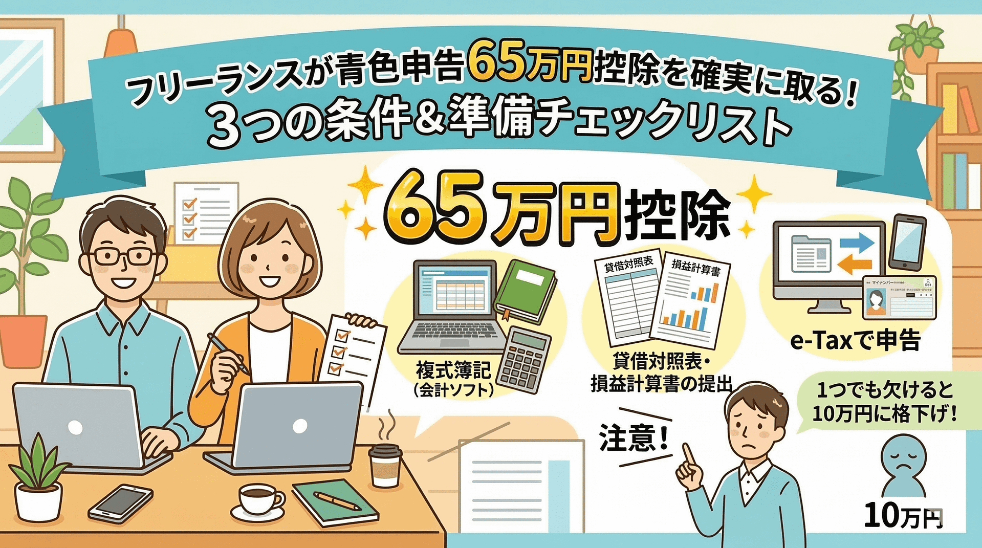 フリーランスが青色申告65万円控除を確実に取るための3つの条件と準備チェックリスト｜1つでも欠けると10万円控除に格下げ