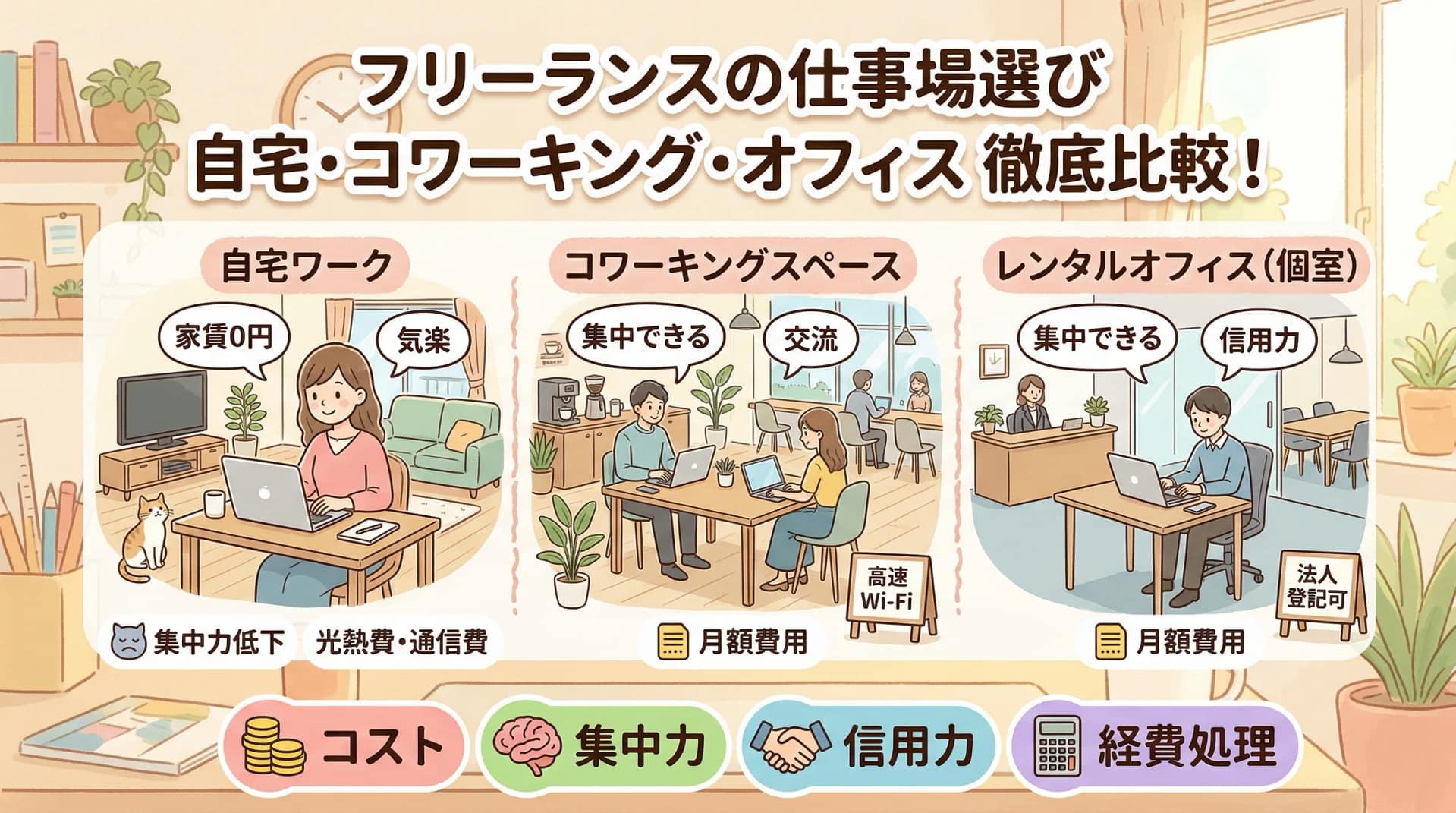 自宅vsレンタルオフィス｜コスト・経費・集中力で比較