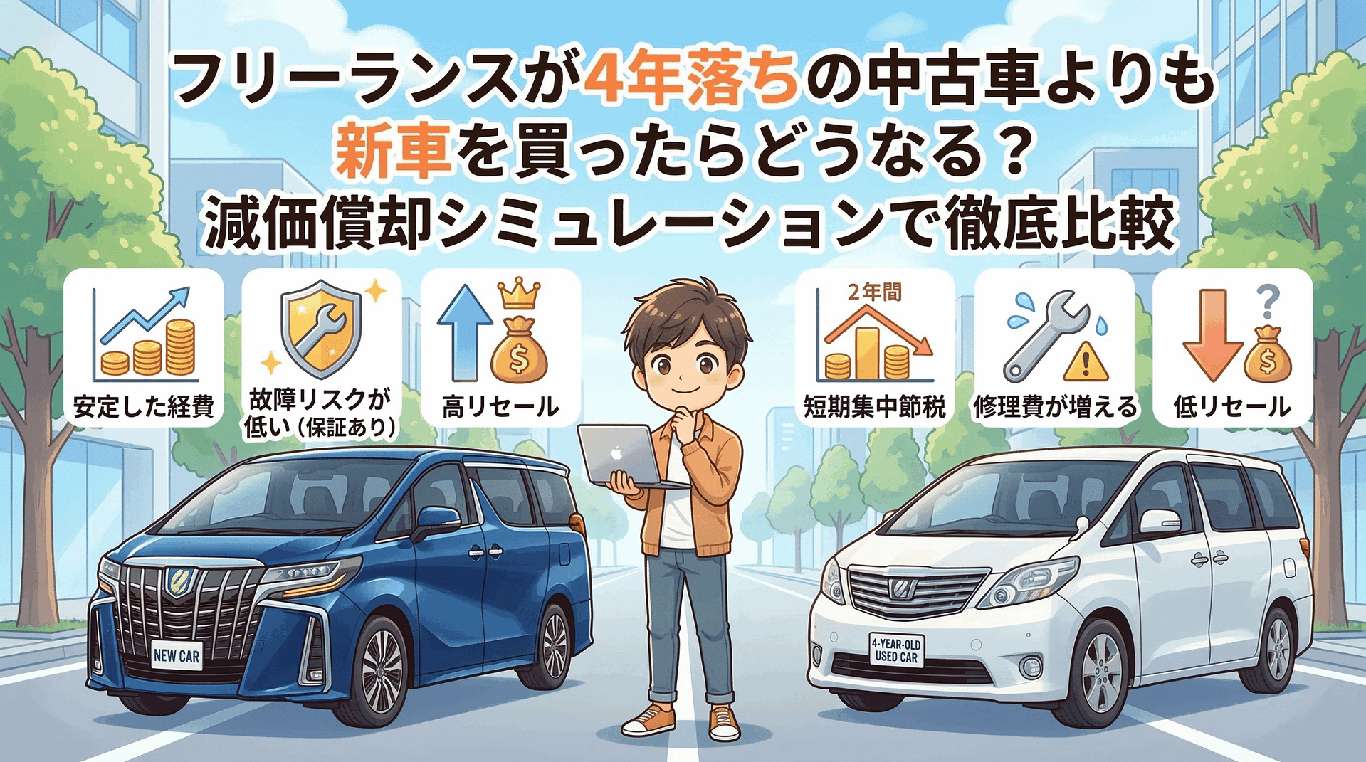 フリーランスが4年落ちの中古車よりも新車を買ったらどうなる？減価償却シミュレーションで徹底比較